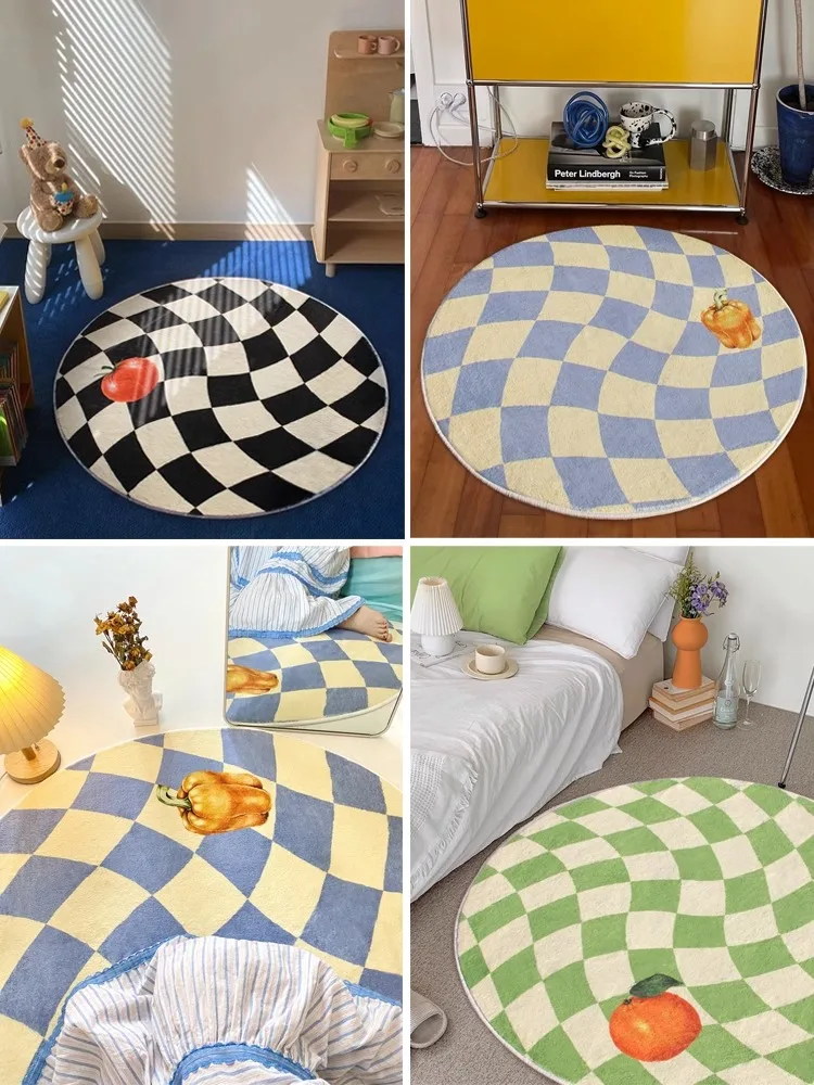 VIKAMA Schachbrett-karierter runder Teppich im Ins-Stil, für Zuhause, Stuhl, Couchtisch, Teppich, Schlafzimmer, Nachttisch, Scheckkimmer, Bodenkissen, Heimdekoration
