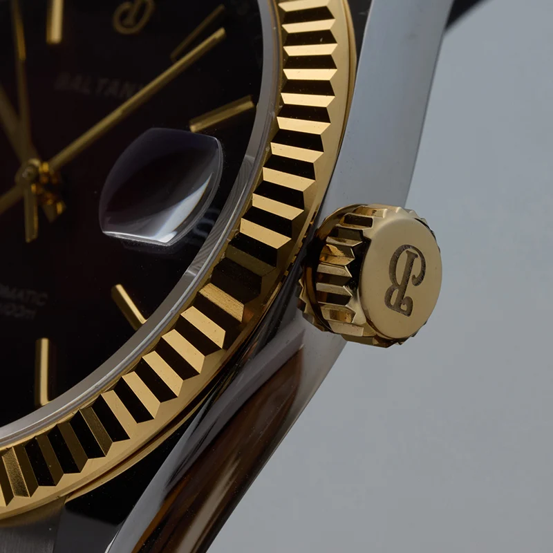 Baltany 36mm Gold Retro Wristwatch Fluted Bezel Vintage Luminous Date Bracelet 10ATM Waterproof NH35 Automatic Dress Watch Men