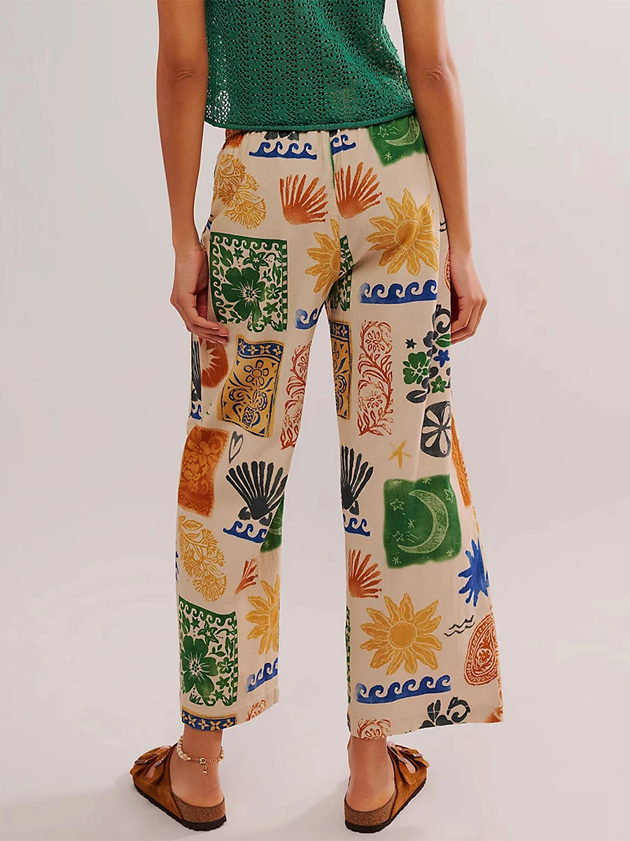 Women Y2k Floral Print Pants Straight Wide Leg Trousers Flare Baggy Denim Pants 90s Vintage Streetwear With Pockets