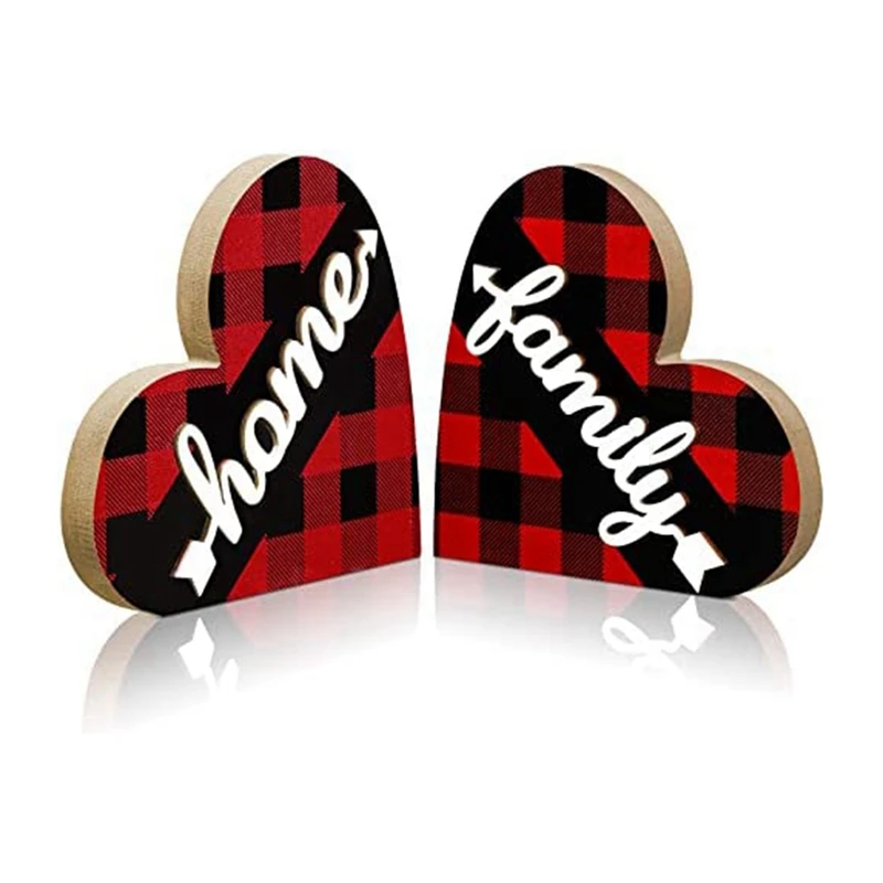 

Valentine's Day Heart Shaped Decor Buffalo Plaid Wooden Sign Rustic Heart Table Centerpiece For Christmas Decorations