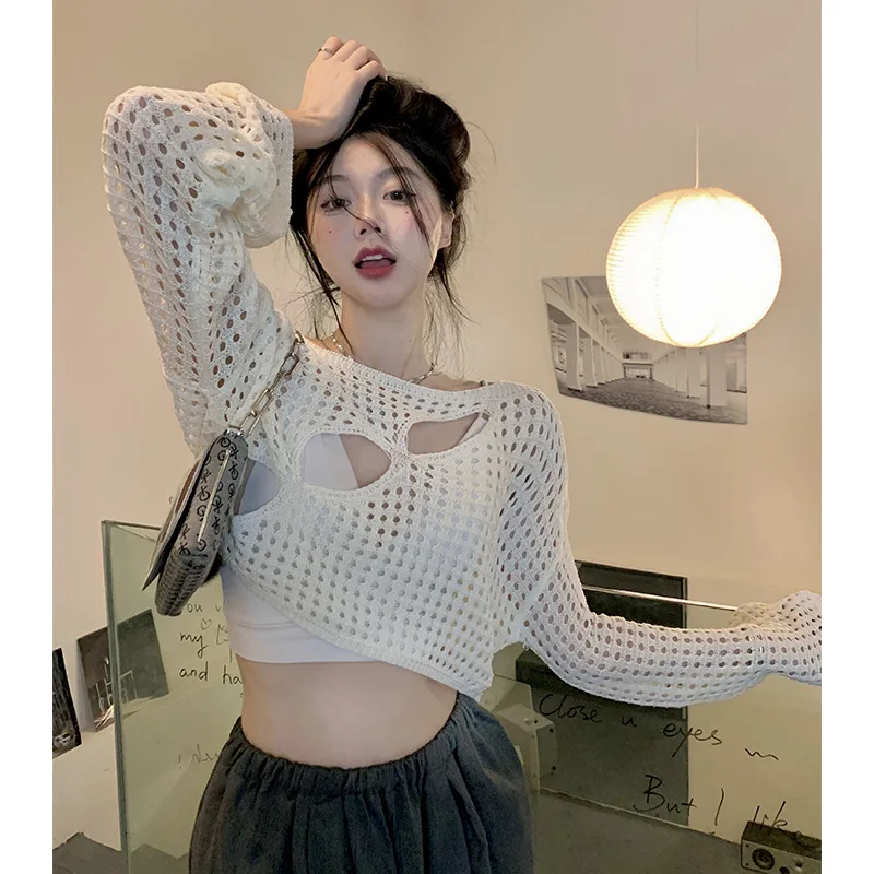 Vintage Loose Hollow Out Knit Pullovers Women 2023 Casual Y2K Clothes Smock Tops Summer Shirts Sweater Fairycore Grunge Knitwear