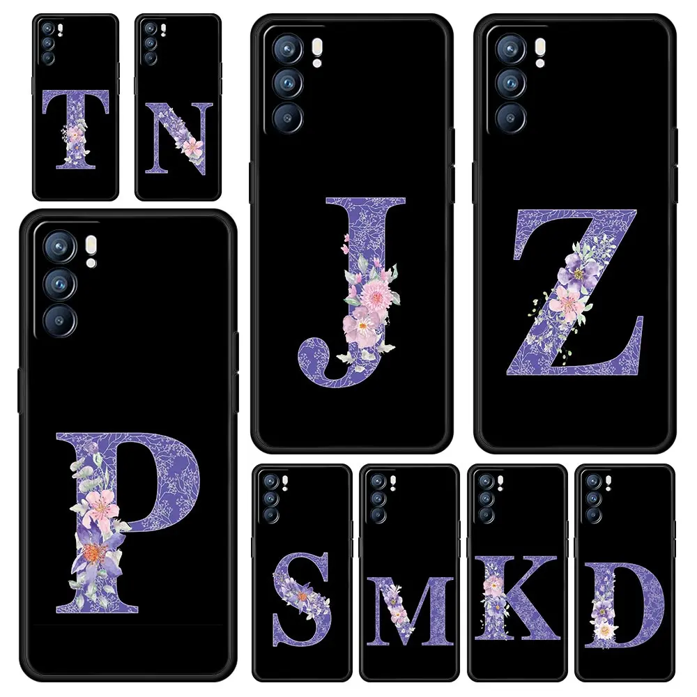 

Phone Case For Oppo A98 A80 A79 A78 4G A76 A54 A53 A52 A16 A17 Reno 10 11 12 13 F 6 Find X5 Pro 5G Cover Letters Purple Flower