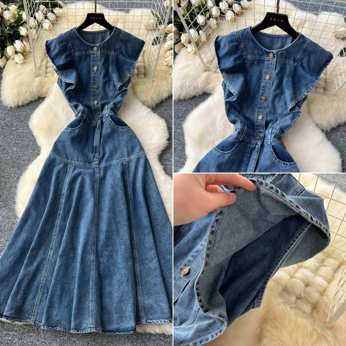 

Denim Dress Women Ruffles Single Breasted Long Dresses Sleeveless A Line High Waist Vestidos Elegant Lady Pockets Club Party