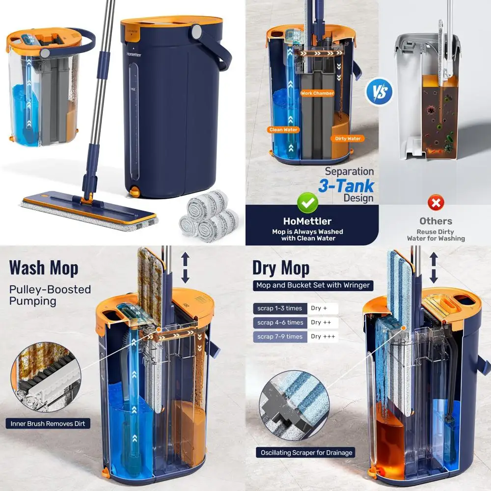 

Hands-Free Mopping System with 3-Tank Flat Mop and Bucket, Wall Cleaner with Long Handle, Efficient Floor Cleaning Tools