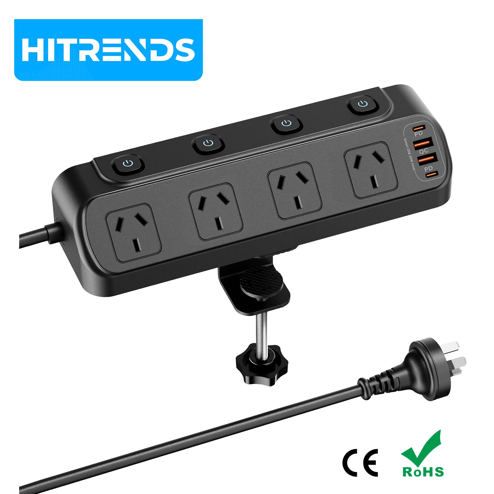 HITRENDS Desk Power Board Surge Protector with 4 AC Outlets 4 USB PD20W Fast Charging, 2M Extension Cord, Australian standard