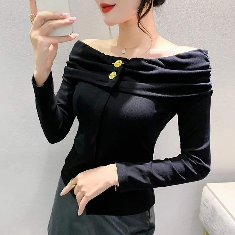 MadBlack European Clothes Tshirt Women Sexy Off Shoulder Slim Cotton Tops Long Sleeve Elastic Tees Autumn Winter T39114JM