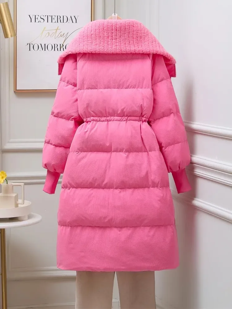 Casaco retrô de inverno estilo britânico feminino, lapela grande, solto, casual, quente, casaco longo, espesso, cintura fina, Parkas femininas, na moda