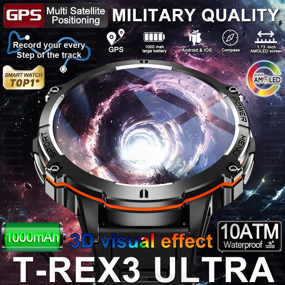 

New T-REX3 Smart Watch 1000mAh Large Battery Durable Compass Altimeter 10ATM Waterproof HD Call 100+Sports Men Fitness Bracelet