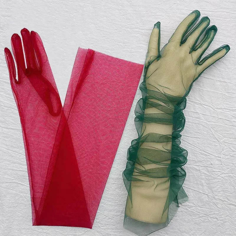 Guantes largos de tul transparente para mujer, mitones de dedo completo, ultrafinos, elásticos, codo de malla, boda, novia, accesorio de Halloween