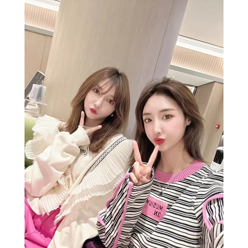 New Striped Sweatshirts Women Korean Fashion O-Neck Letter Patchwork Loose Long Sleeve Pullovers Daily Casual Basics Tops Female