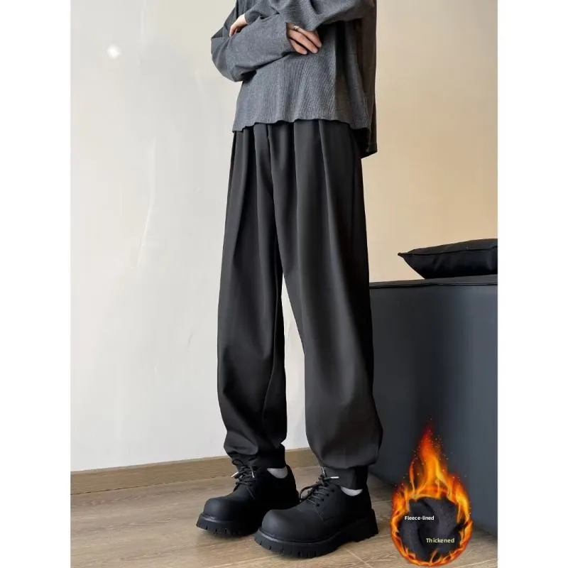 

American Sle Fce Lined Casual Men's West Pants Vintage Retro k Sle Winter Korean Sle Suit Long Pants High Waist L...