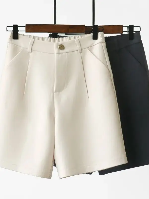 

Бежевые тонкие брюки-костюмные шорты с высокой талией для женщин, лето 2023, повседневные брюки Cleanfit из ПВХ-материала со средней/низкой посадкой для женщин среднего возраста