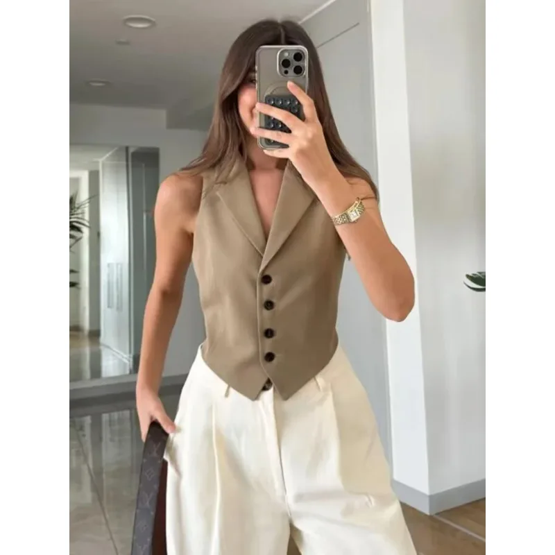 

Summer Women Turndown Collar Vests Back Lace Up Chic Single Breasted Waistcoat Tops Lady Sleeveless New In Vest