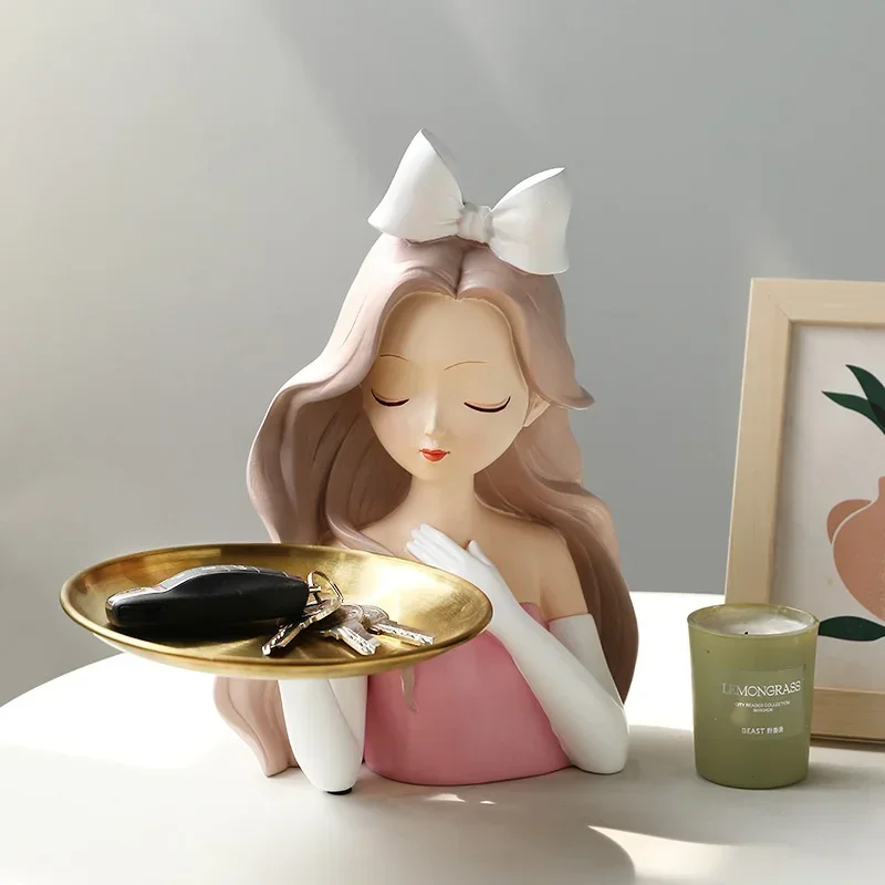 Long Curly Hair Beauty Girl Statue Storage Tray Ornaments Nordic Luxury Living Room TV Cabinet Home Decor Christmas Wedding Gift