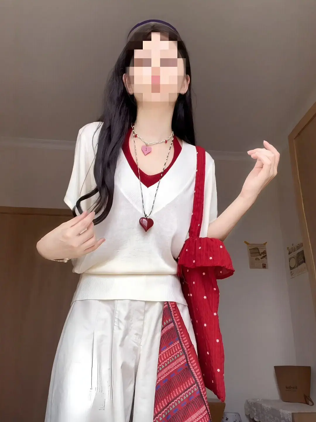 

Korean Style V-Neck Color Block Summer Sexy Red Neck Hanging Batwing Sleeve Thin Cover up Set for Women Casual Workwear