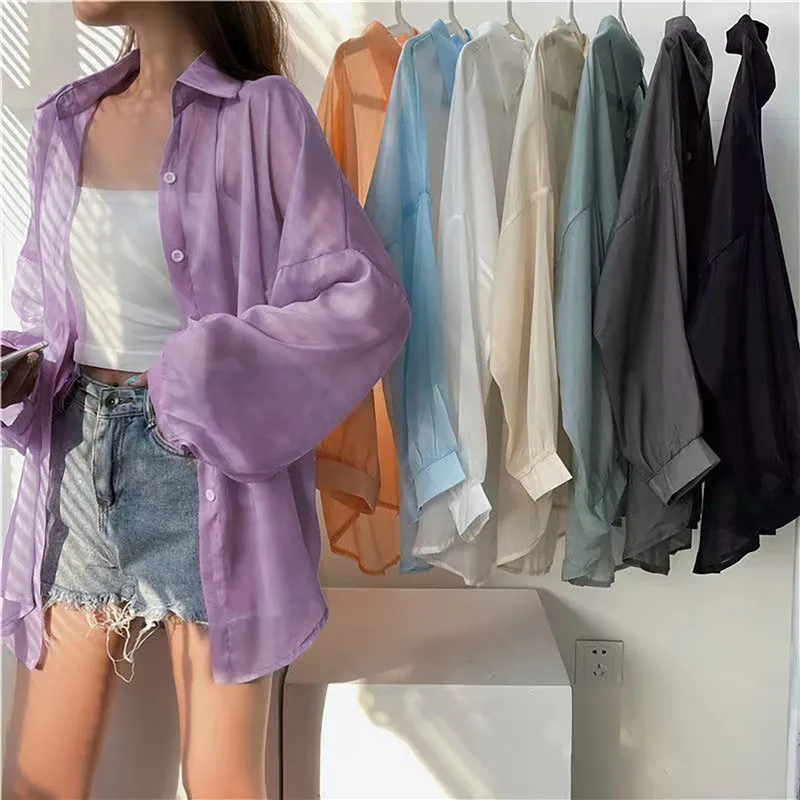 Summer Thin Shirts Women Loose Chiffon Long Sleeve Top Basic Sun Protection Shirt Korean Soft Beach Blouses Holiday Ladies Shirt