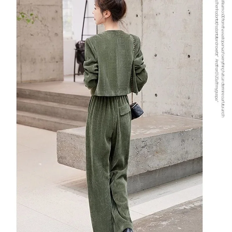 Lnsozkdg-Ensemble en Velours Côtelé pour Femme, Cardigan Comb+, Pantalon à Jambes Larges, Tenues Élégantes Imbibées de Couleur Unie, Streetwear à la Mode, Automne, 2 Pièces