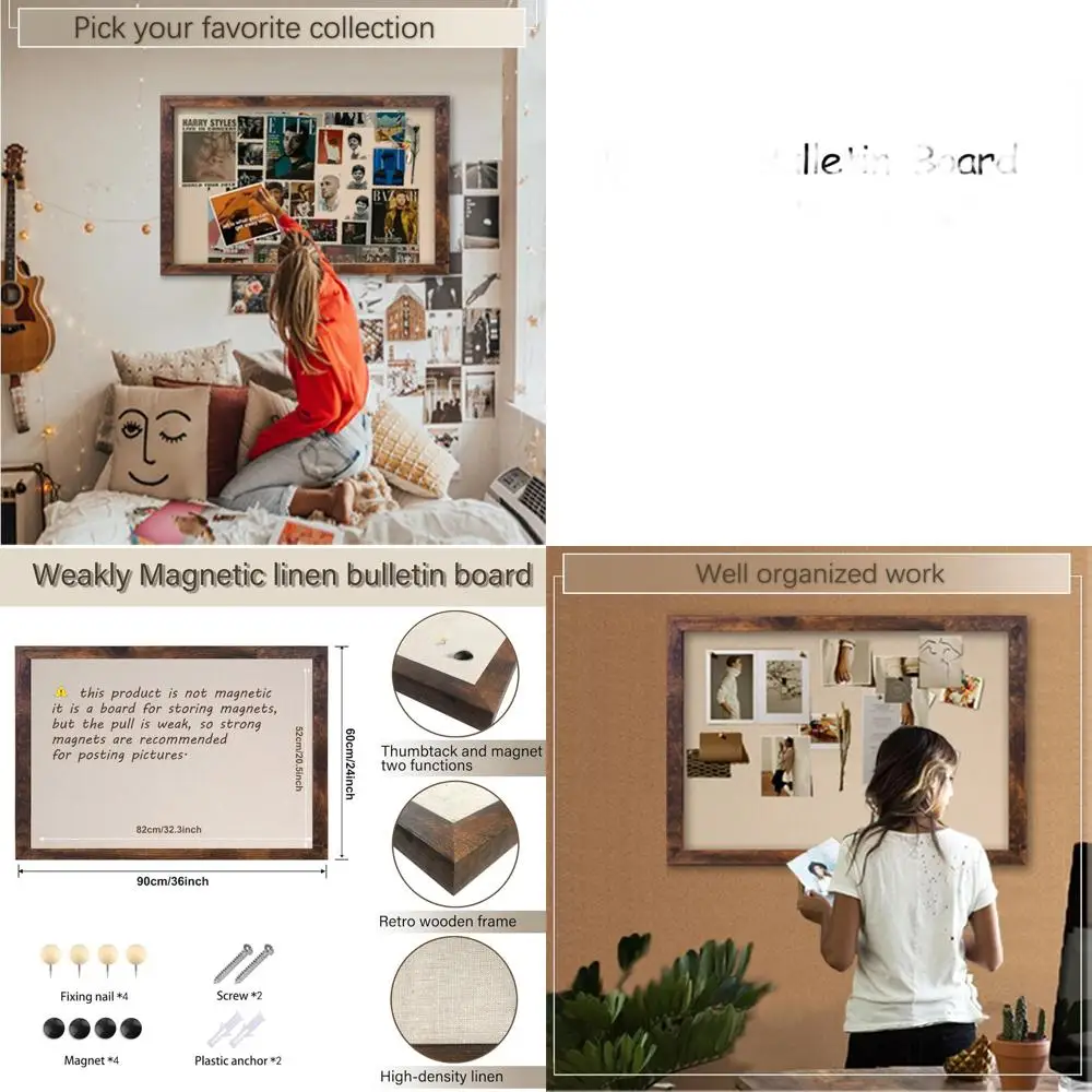 Quadro Magnético Rústico 36x24 com Linho para Casa e Escritório, Inclui 4 Alfinetes e 4 Ímãs