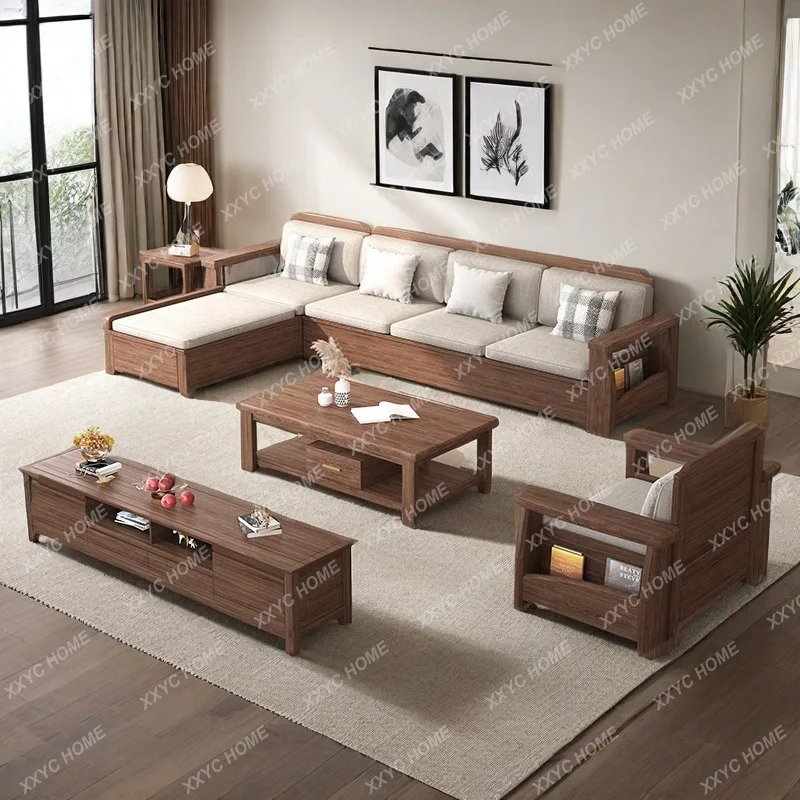 LChinese solid wood sofa combination light luxury living room black walnut furniture  sectional sofa