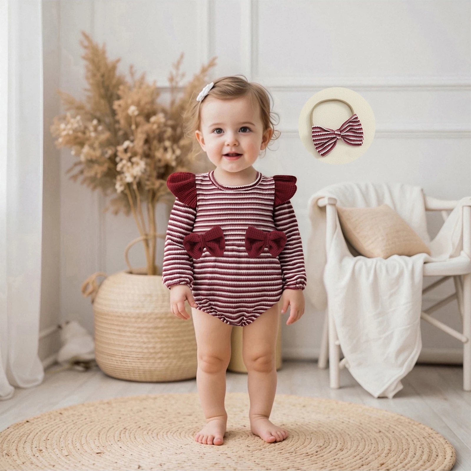 

Suefunskry полосатый комбинезон для маленьких девочек, модный комбинезон с круглым вырезом и длинными рукавами, рюшами и повязкой на голову