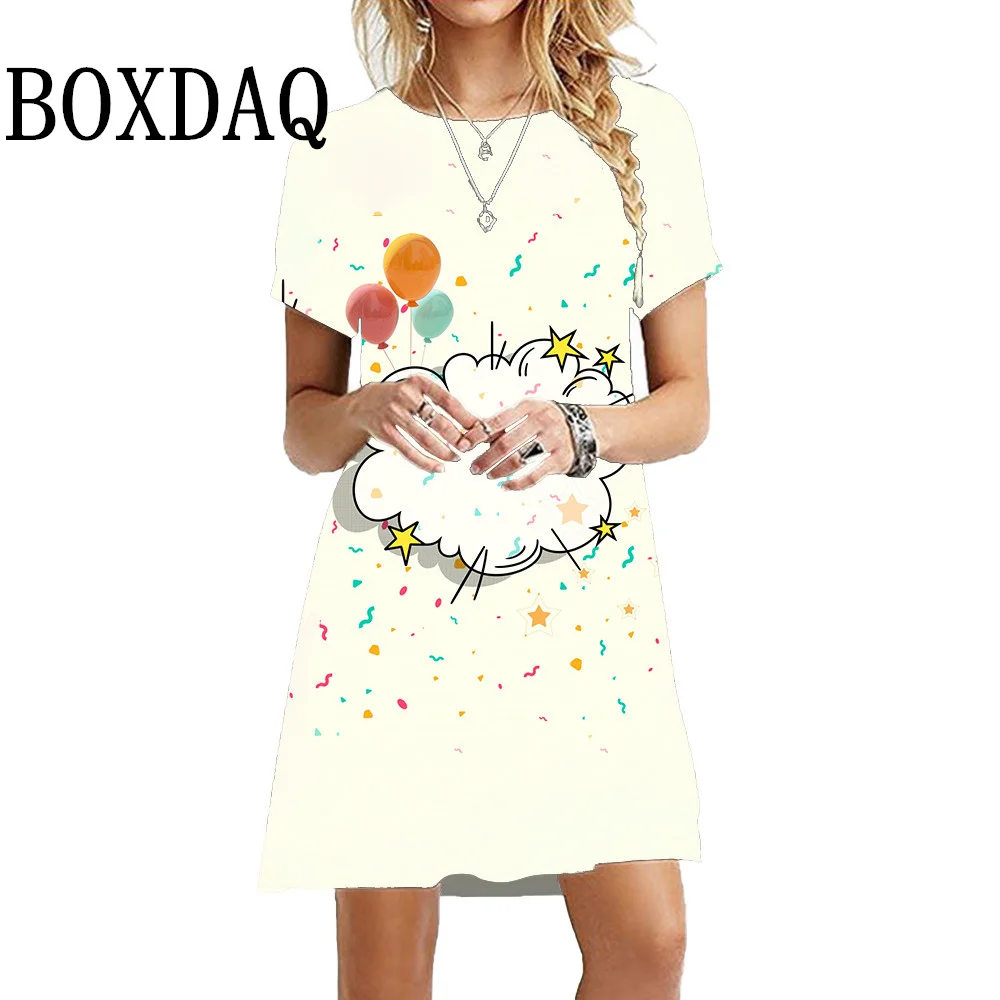 2024 Women Clothing Fashion Cartoon Pattern Kawaii Dress Short Sleeve Pullover Lady Dress Street Casual O-Neck Print Party Dress