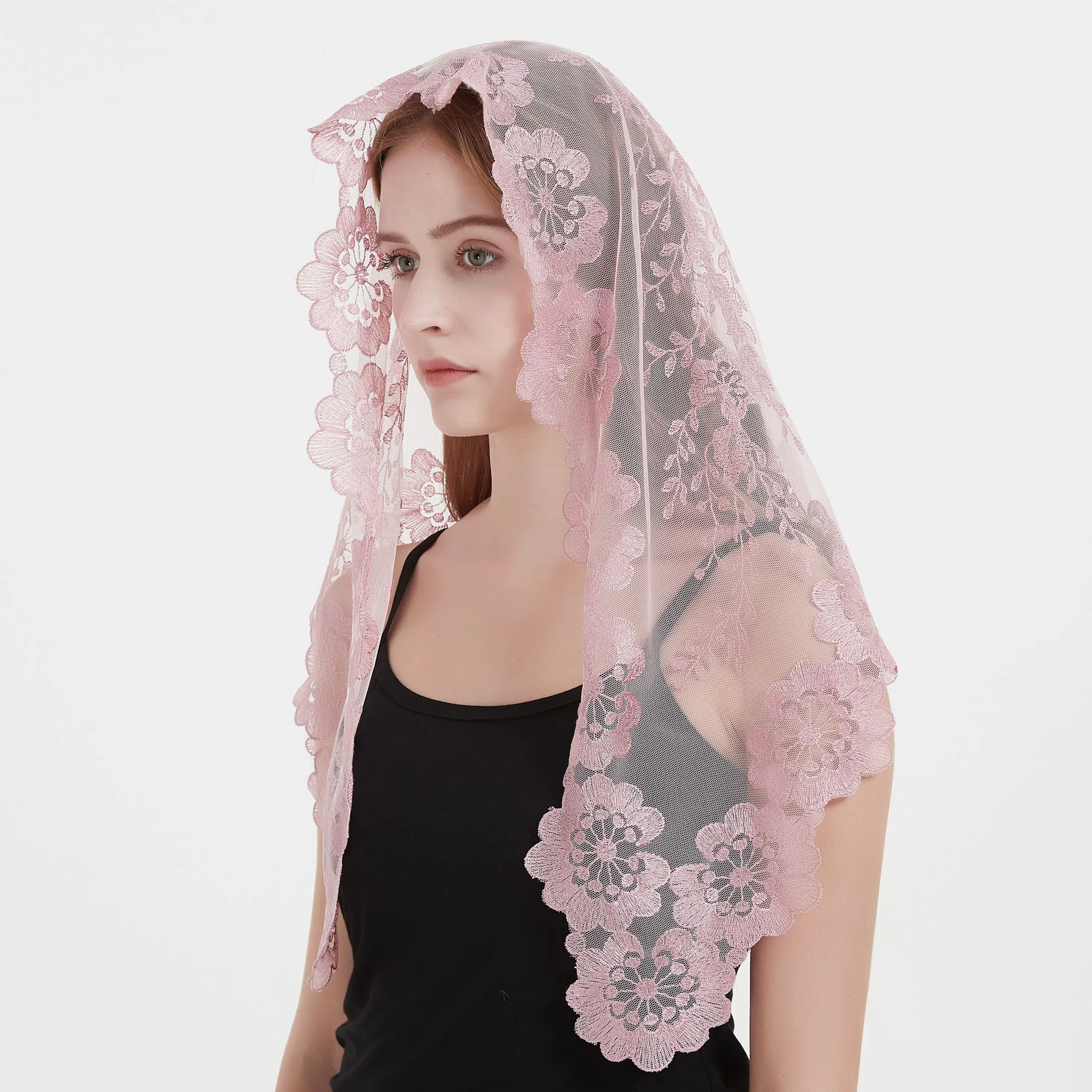 

Pink Quality Embroidery Triangular Lace Chapel Shawl Catholic Veil Lace Mantilla