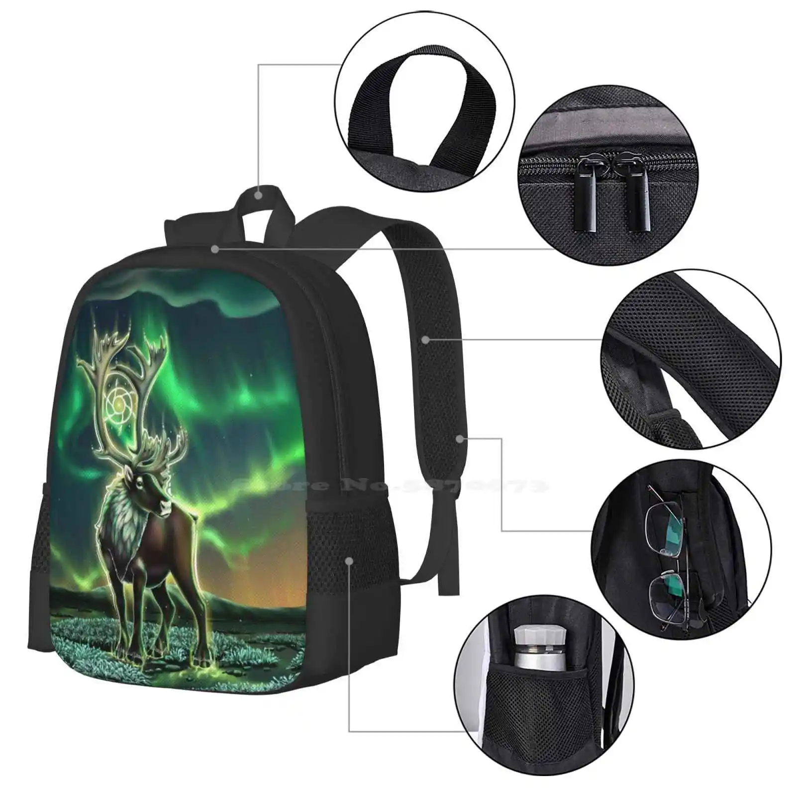 Caribou Borealis 3D Print Design Backpack Student Bag Caribou Reindeer Buck Stag Arctic Nature Wildlife Animal Spiritual