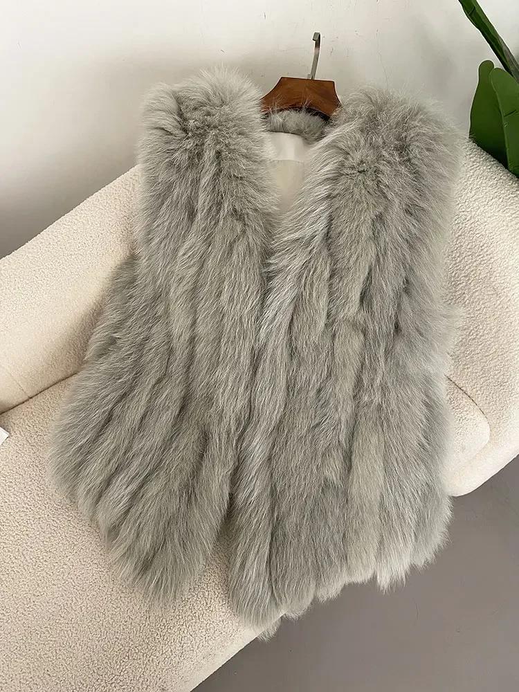 Fashion 2024 Winter Real Fox Fur Women Vest Natural Leathers Thick Warm Coat Sleeveless Double-faced Elegant V-neck Jackets