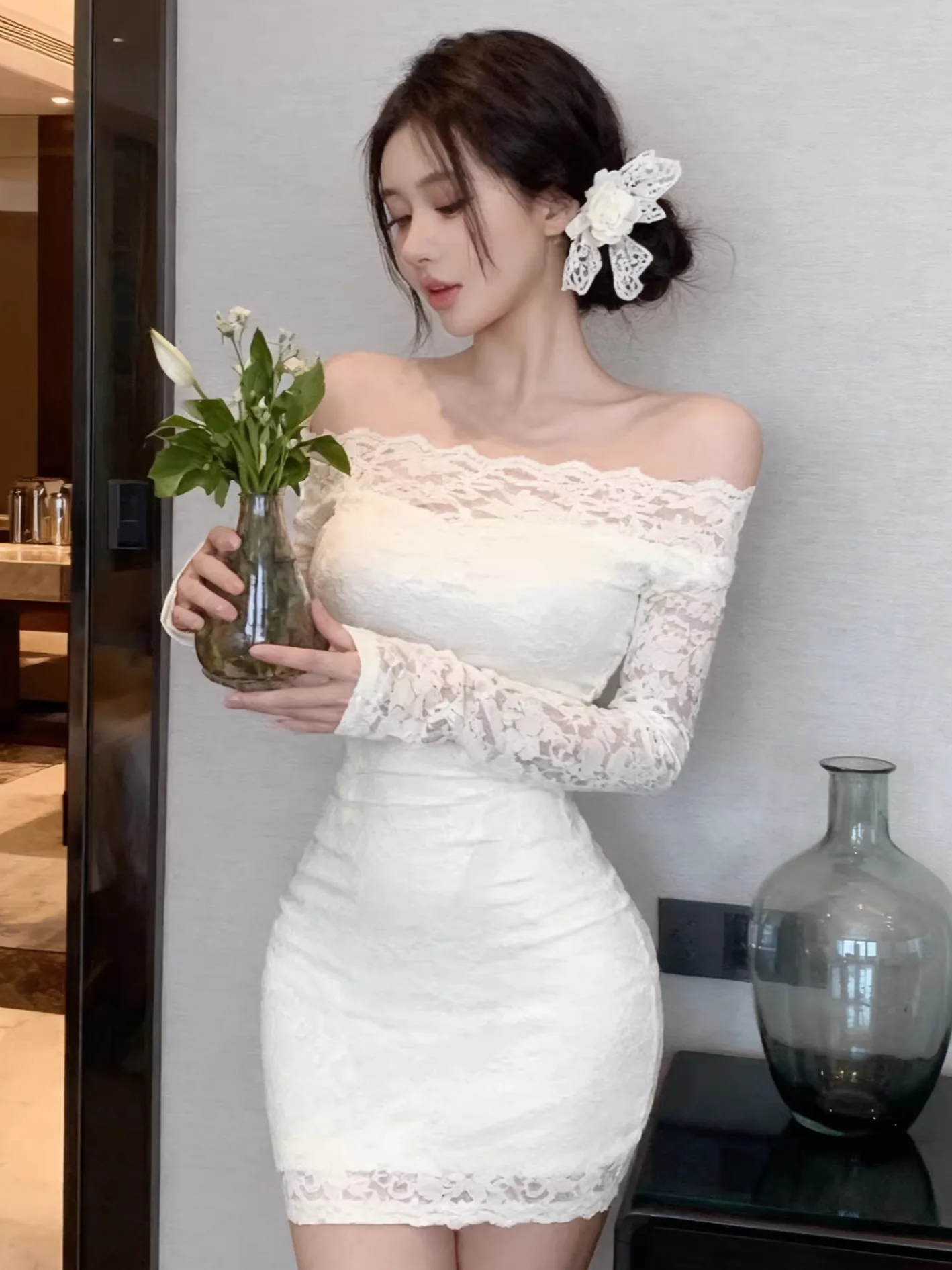 

Ele Long Sve Lace Slim Fit ort Dr Sexy One oulder Design Women's Faion Spring Dr Casual Wear Chinese Brand