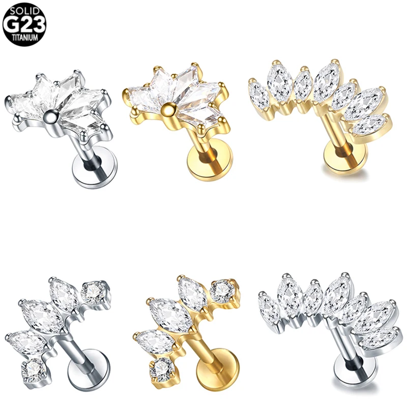 1Pc Titanium Labret Lip Ring Ear Piercing Cartilage Stud Women's Earrings Zircon Flower Helix Piercing Ear Lobe Tragus Jewelry