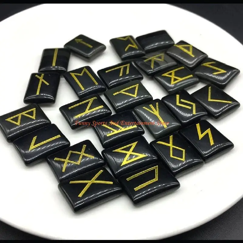 C4DE 25Pcs Black Stones Set with Engraved Elder Futhark Alphabets