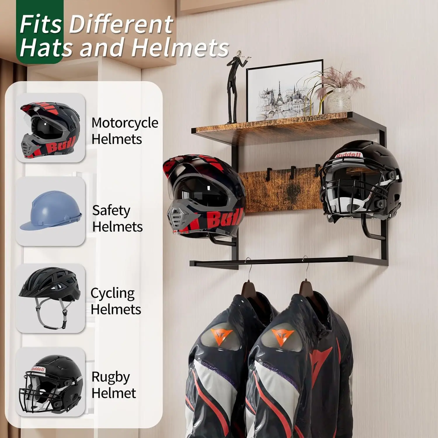Support de casque de moto, support mural avec 4 crochets pour gants, organisateur de rangement pour casques de vélo, équipements et vêtements