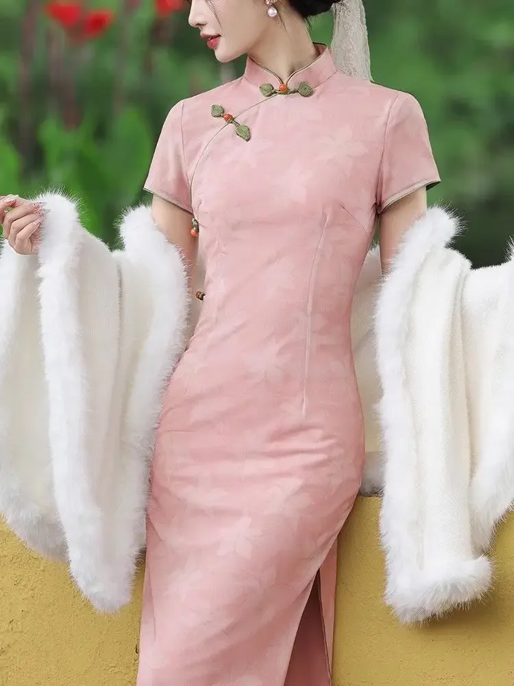 Pink Cheongsam Women 2025 New Young Style Elegant Vintage New Chinese Girl Qipao Style Summer Beautiful Dress