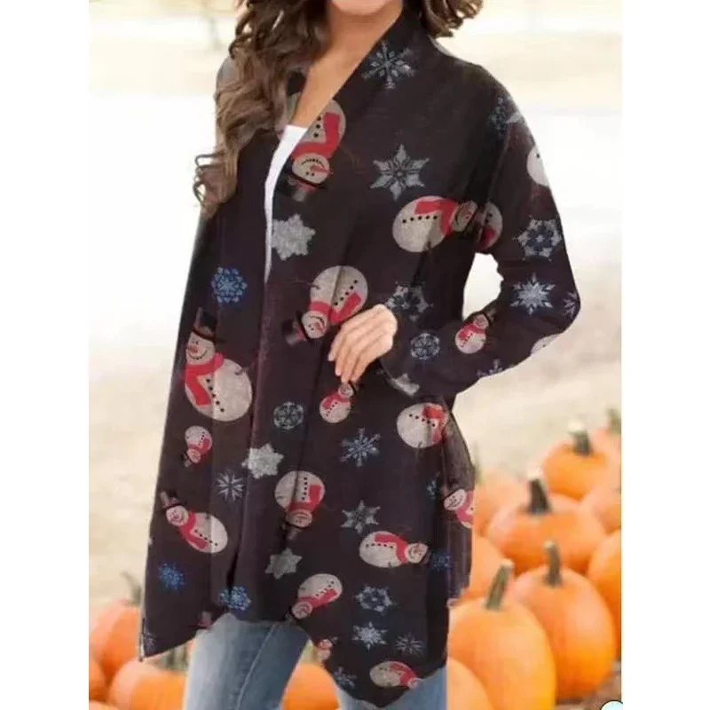 Women\'s Clothing Autumn Winter Fashion Cartoon Print Christmas Outewear Cardigan Jacket Casual Irregular Long Sleeve Tunic Coats