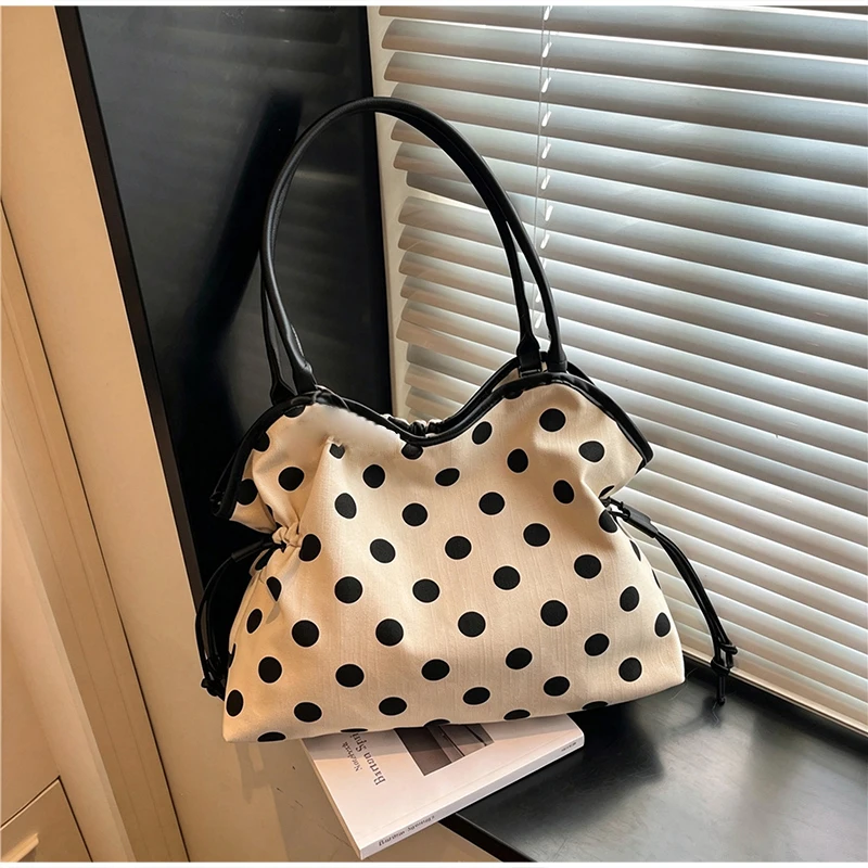 Koreanische Schultertasche aus Baumwoll-Leinen mit Polka Dots, Damen-Patchwork-Tragetasche mit großem Fassungsvermögen, vielseitige Freizeit-Handtasche für den Arbeitsweg – Detail 13