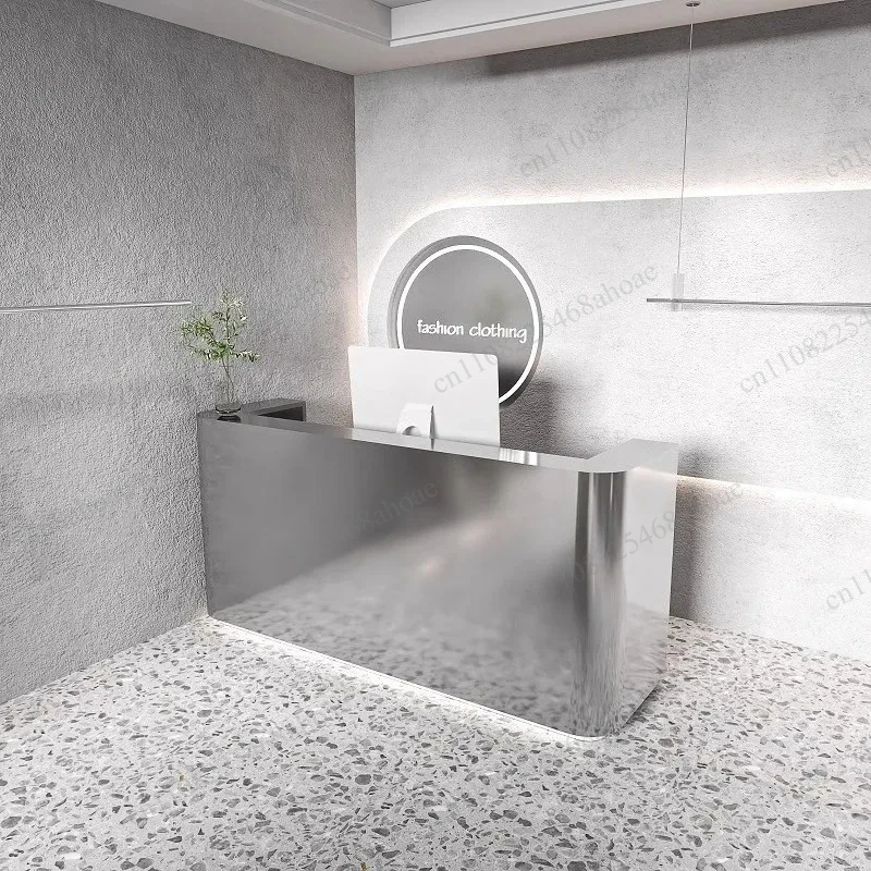 Modern store, small clothing store, beauty salon, hair salon, reception desk, stainless steel checkout page, bar counter, simple