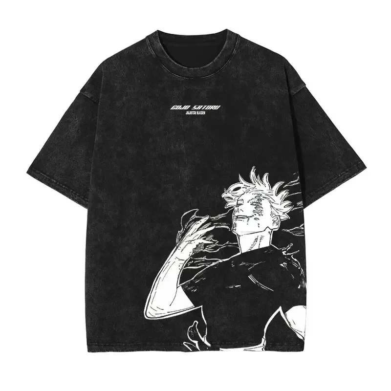 Anime Jujutsu T Shirt Vintage Washed Gojo Saturo T-shirts Men Retro Streetwear Short Sleeve Manga Fushiguro Toji Tops Tees Women