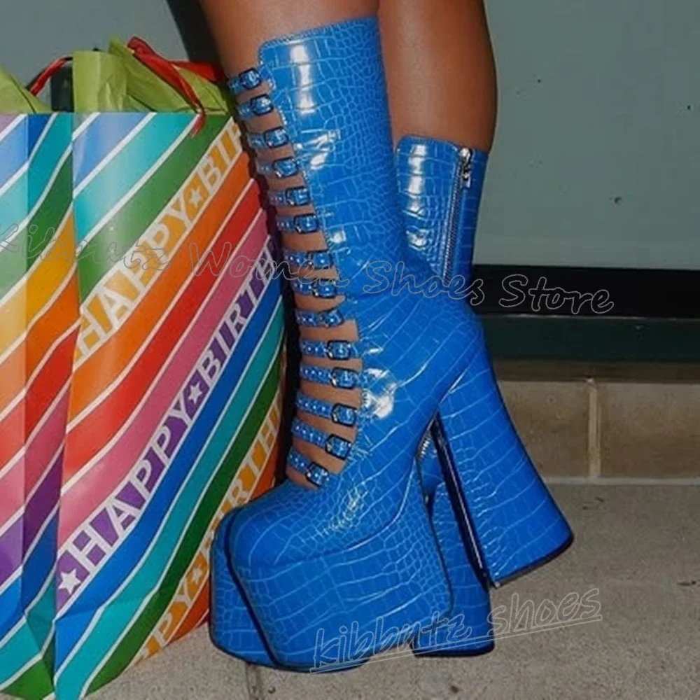 

Crystal Ankle Boots Platform Hollow Belt Buckles Fashion Novelty Concise Sexy Round Toe Chunky Heels Super High Women Shoes New