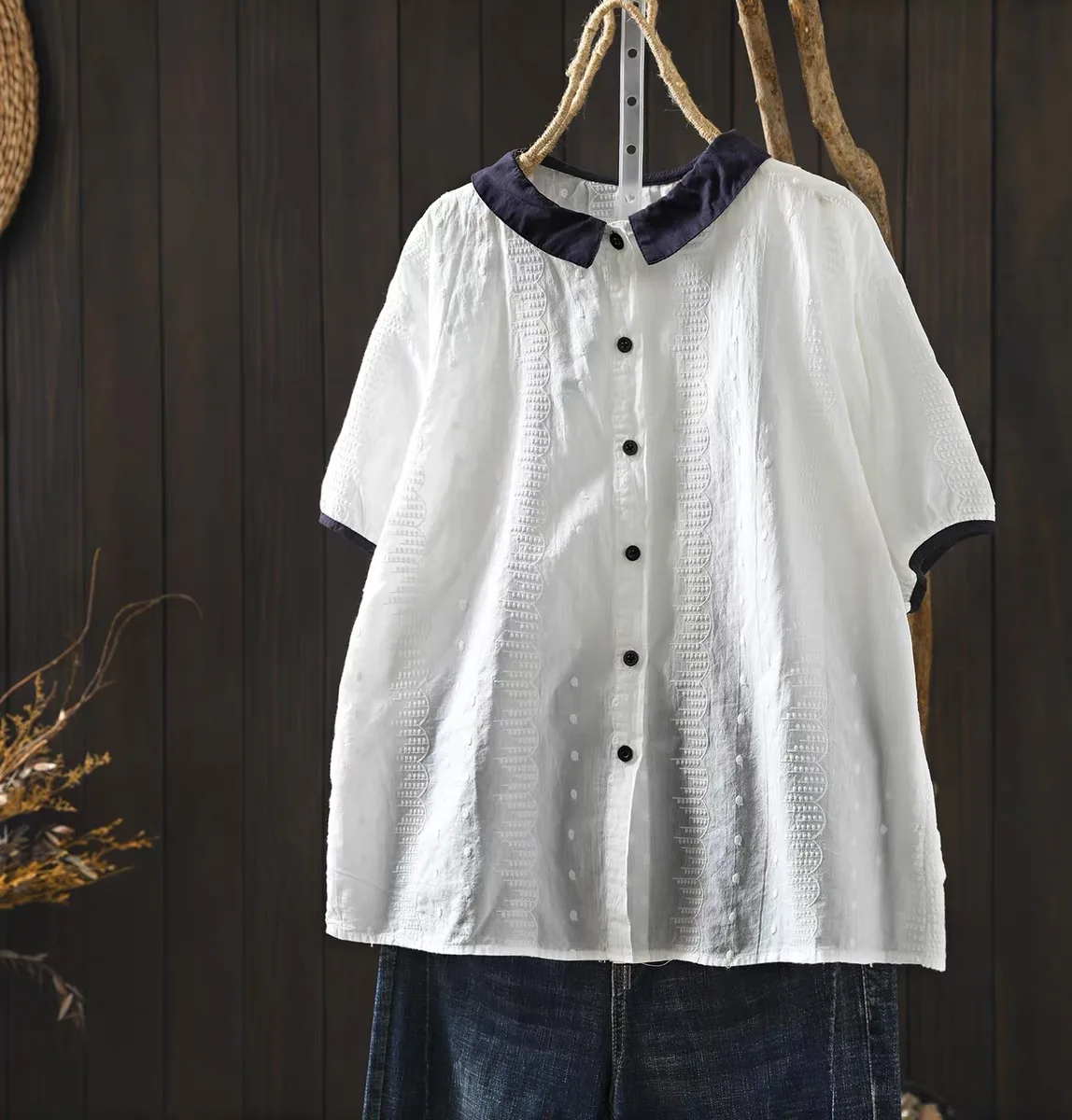 

Women's Pure Cotton Embroidered Blouse Contrast Peter Pan Collar Short Sleeve Shirt, Loose Vintage Summer Oversized Tops
