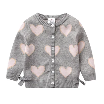 Girls' Pink Heart Knit Cardigan 3 VIKITA Toddlers Girls Pink Heart Print Knitted Cardigan Kids Gray Sweater Coat Girls Soft Button Casual Warm Knitwear Tops 3