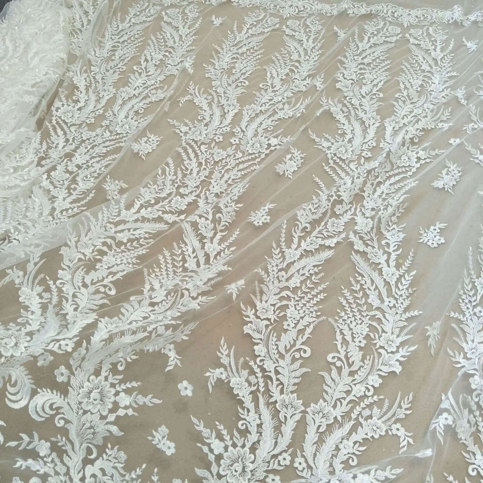 Fashion wedding gown dress lace sequins dress lace fabric 130cm width bridal lace sell by yard