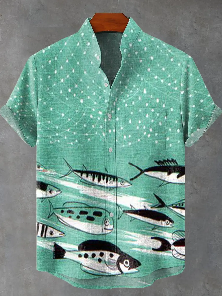 

2025 summer men's short sleeve shirt made of 100% linen material, featuring a fish pattern print and a pocket on the chest.
