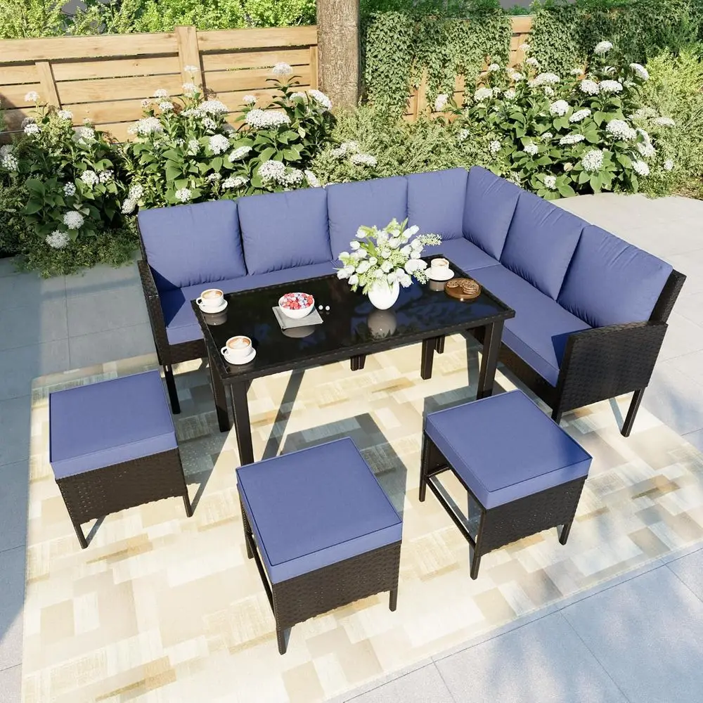 

7-компонентный уличный обеденный набор на 9 человек, наборы для бесед из полиэтилена из ротанга, плетеный диван, мебель для патио с обеденным столом из черного стекла и пухом