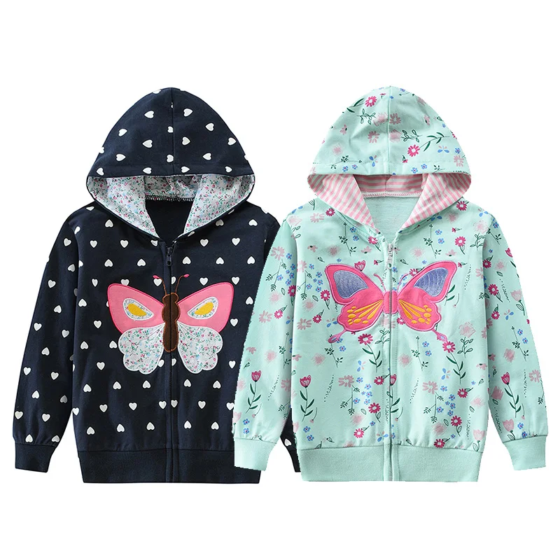 Little Hand Girls Floral Heart Print Hooded Jacket Butterfly Applique Zip‑Up Long Sleeve Outerwear for School Outdoor Play 2‑7T