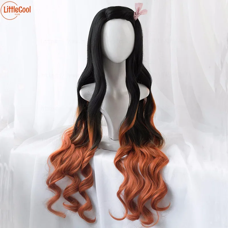 Kamado Nezuko Cosplay Wig 95cm Long Curly Black Orange Brown Gradient Ombre Hair Heat Resistant Synthetic Anime Wigs + Wig Cap