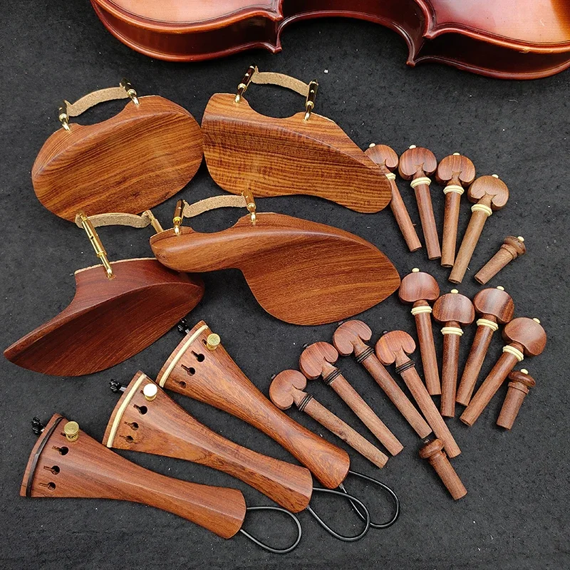 Rosewood Whole Set Parts Accessories for Violins, Pegs, Tailpiece Gut Finetuner,Chinrest with Clamp, 4/4