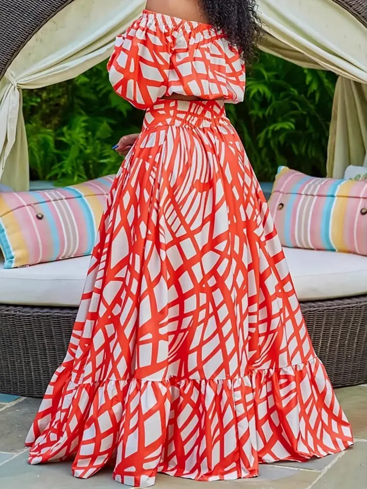 طقم مكون من قطعتين ملابس بمقاسات كبيرة للصيف والخريف بدون أكتاف وأكمام طويلة وتنورة طويلة أطقم نسائية ملابس خروج بدلة مكتب للسيدات