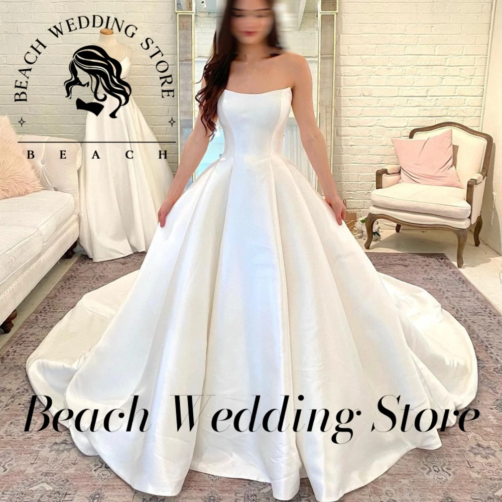 Praia personalizado vestido de baile vestido de casamento cetim querida até o chão trem real para as mulheres boné manga vestidos de novia branco