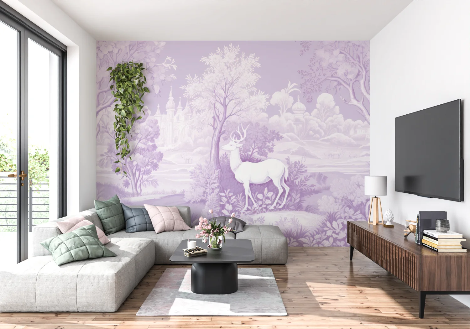 Customized Mural Dreamy Purple Flower Wallpaper Cartoon Children's Room Plum Blossom Deer Bird Decoration Painting 3d wallpaper