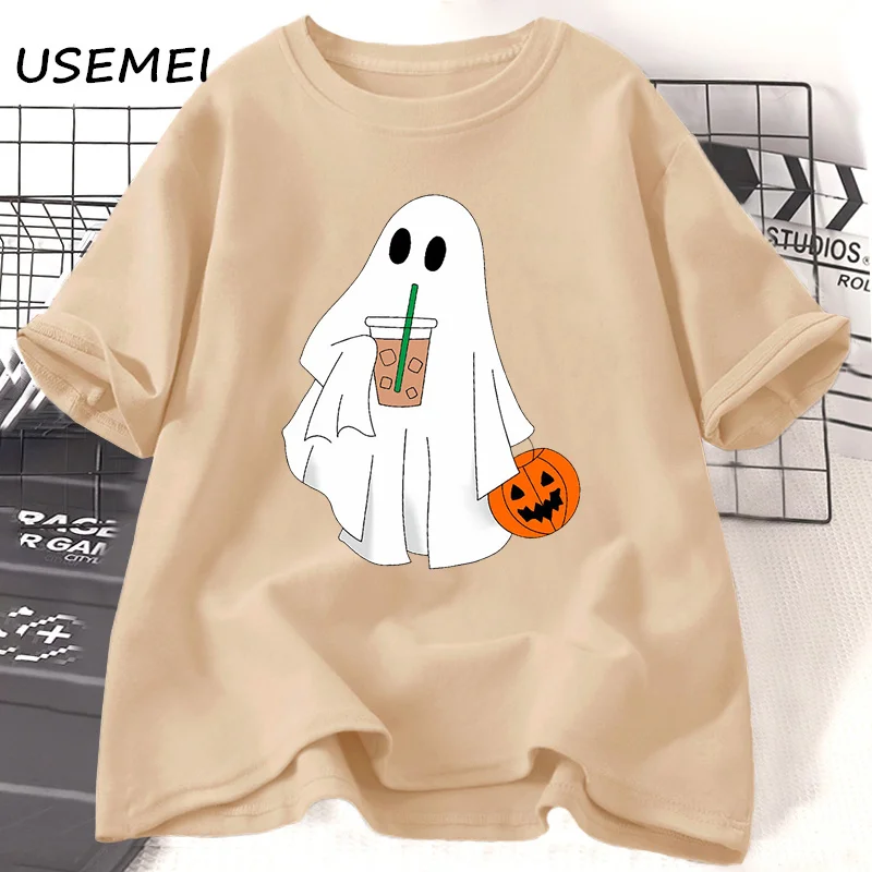 

Cute Ghost Coffee T-Shirt Women Cotton Ghost Iced Coffee T-shirt Boo Ghost Tshirt Halloween Coffee Lovers Tees Shirt Clothing